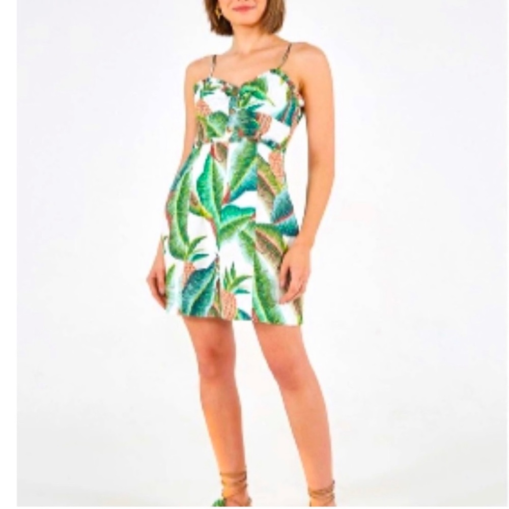 Farm Rio NWOT Forest Palm Linen Dress with adjustable Straps & Rushed back. - Picture 2 of 16